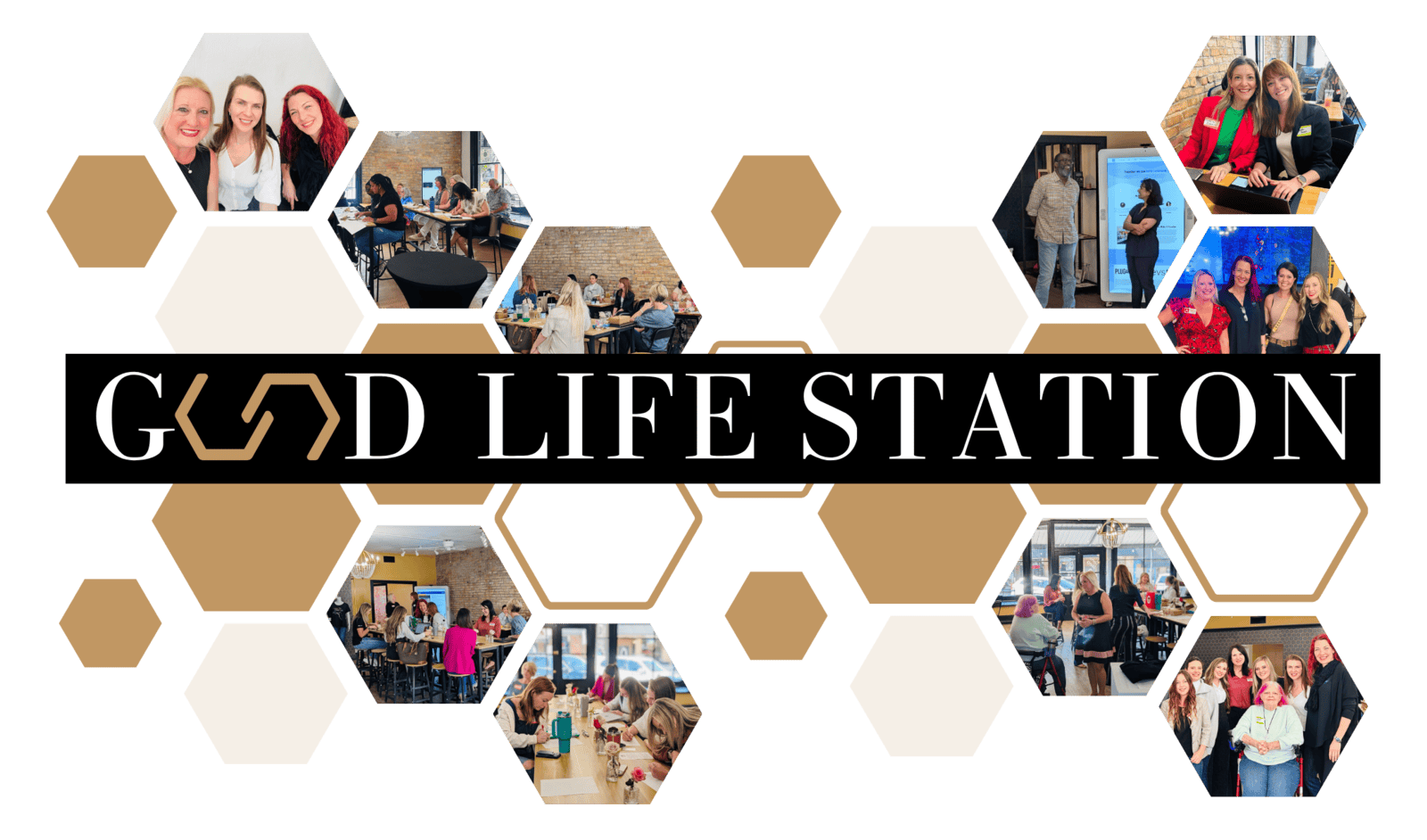 Good Life Station header image with hexagons containing pictures of events at Good Life Station